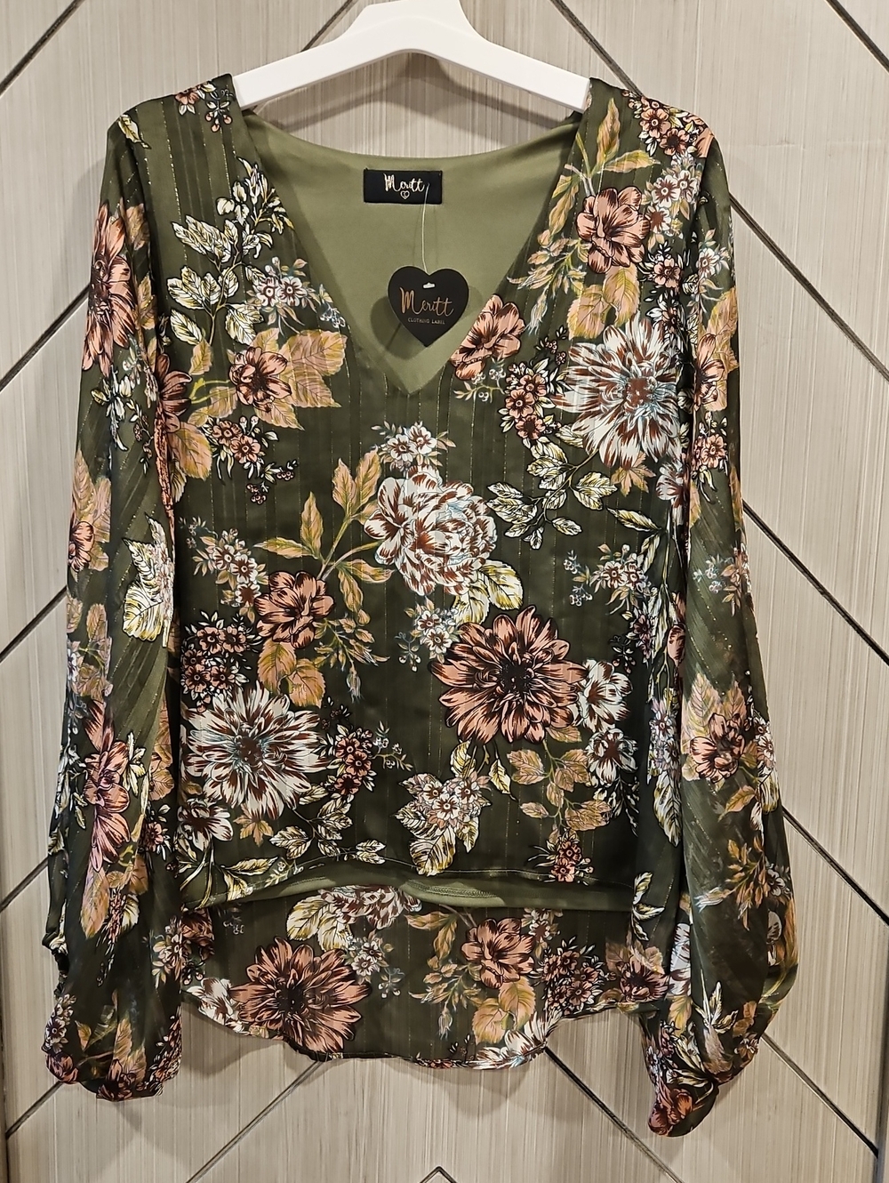 Olive Green Floral V-Neck Blouse